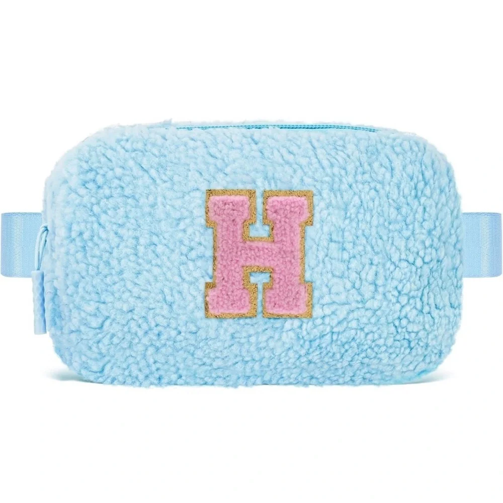 Fluffy Blue Kids Pouch with Pink Initial H